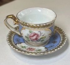 Vintage Victoria's Garden Pink Blue Floral Rose Mini China Tea Cup  Saucer Set