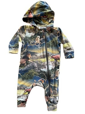 Molo EUC Fowo Style 2020 Wild Animals Long Sl Hooded Coverall Size 3-6Mos