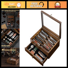 Knife Display Case for Collectors - 2-Layer Wooden Holder with Glass Lid & Drawe