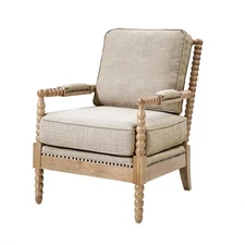Light Grey Fancy Arm Chair: Nailhead Trim, Solid Wood Design