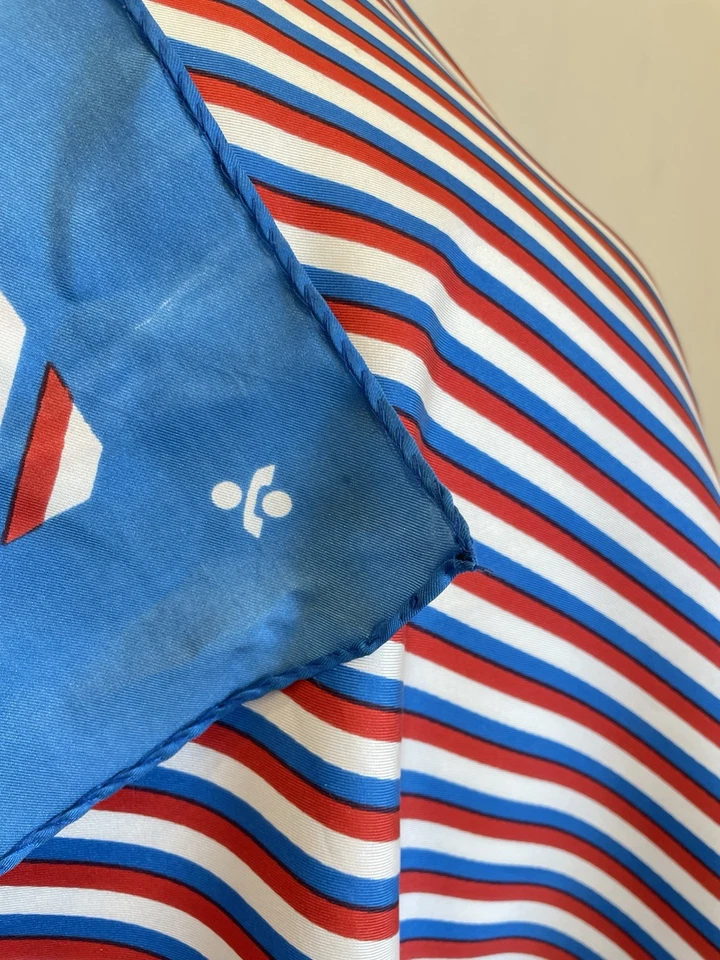 Bufanda de seda a rayas vintage azul rojo blanco patrón geométrico enrollada a mano #A123 Foto 3 de 4