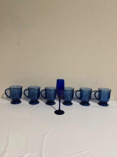 7Vtg Anchor Hocking Pedestal Cobalt Blue Glass Mugs 16oz Coffee Tea Cup Classic