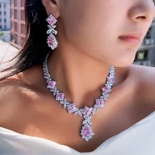 Silver Plated Flower Long Drop Earrings Necklace Pink Zircon Wedding Jewelry Set