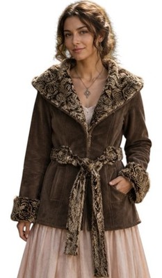 Vintage 90s LOIRE NY Faux Suede Fur Coat Size M Brown Luxury Wrap Belted Jacket