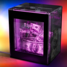 Kuabiz Lighted Up Tip Jar for Money with Lock and LED Light Acrylic Clear