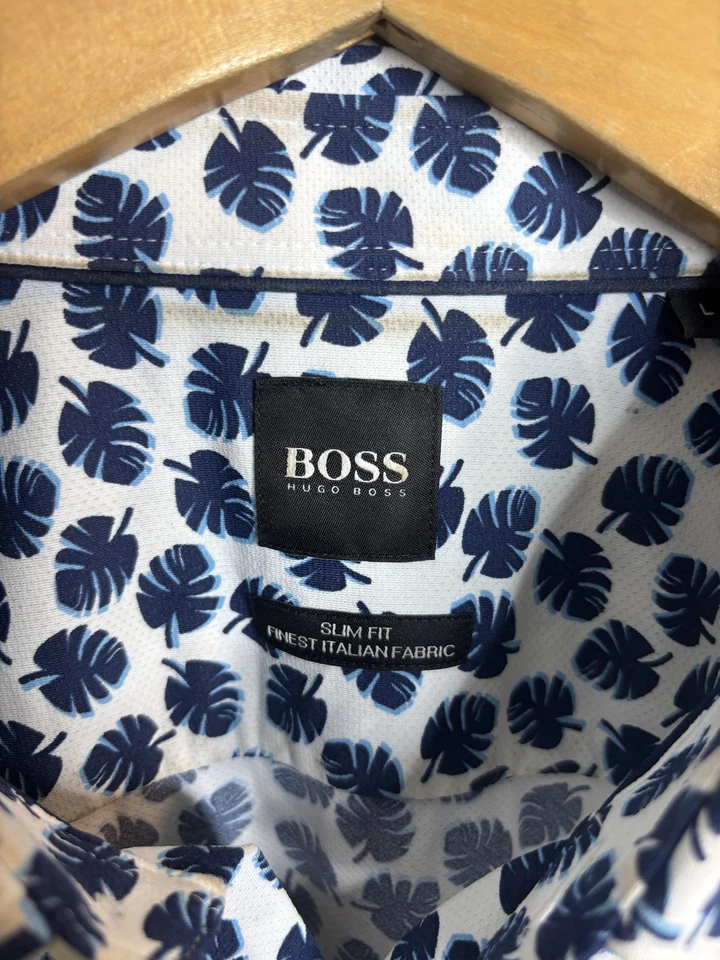 Boss Hugo Boss Shirt Mens Large White Blue Leaf Print Slim Fit ROMN A-L07 - Image 3 of 4