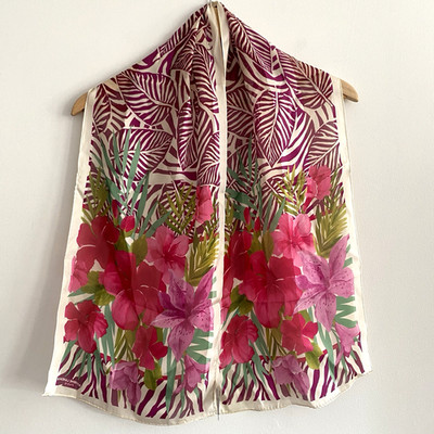 Vintage Adrienne Landau Studio Pink Purple Floral Silk Scarf Artsy Tropical