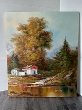 VTG R Thomas Signed 20x24 Fading Autumunal Landscape Painting OOAK Original