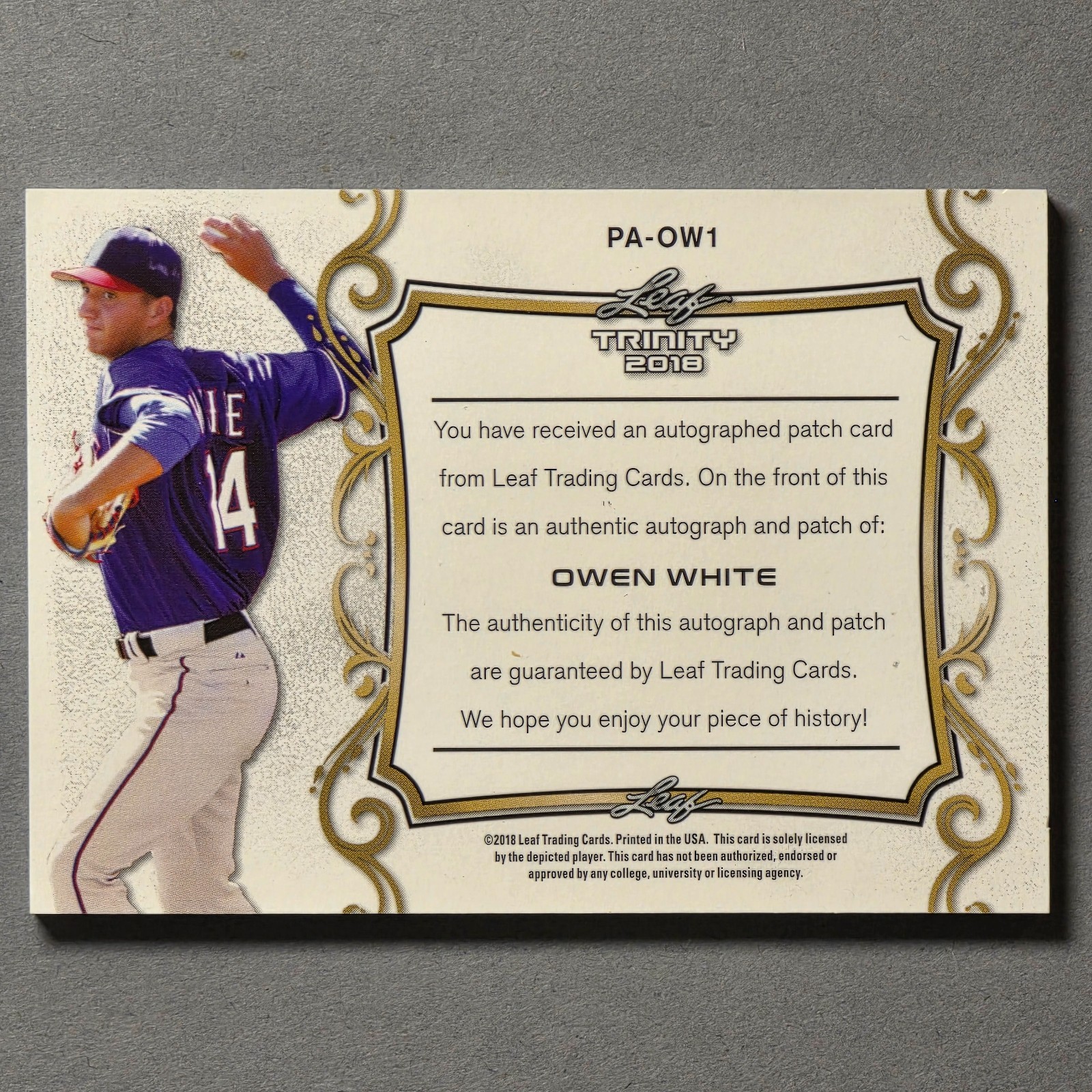 2021 Leaf Trinity LOGOMAN RC Patch Auto Owen White Rookie Game Used Jersey #d/10 view 2