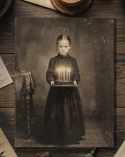 Vintage Victorian Mourning Girl with Birthday Cake Card Gothic Macabre Art