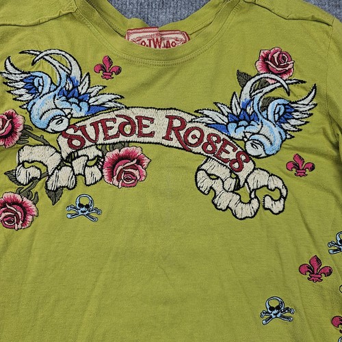 Camicia JWLA donna grande ricamata Y2K tatuaggio uccellini grafica floreale Johnny Was - Foto 4 di 9