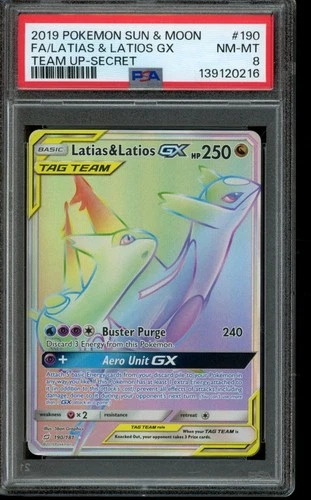 PSA 8 NM-MT Pokemon Latias & Latios GX Sun and Moon Team Up Secret Rare 190/181