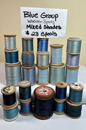 Lot: Vintage "Rescued" Sewing Thread on 23 Wooden Spools: Blue Hues