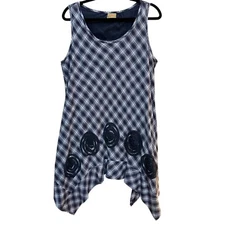 Tulip Top Plaid Tunic or Dress Rosette Appliqué Boho Lagenlook Artsy Size XS