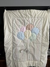 Vtg. Yellow Baby crib quilt comforter blanket Pastel Checked Balloons Bow Pastel