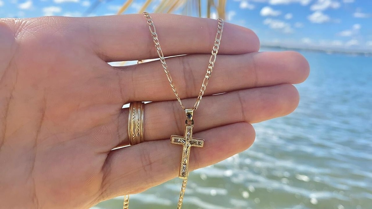 14K Gold Filled CZ Cross Necklace Charm Crucifix Women Men Kid