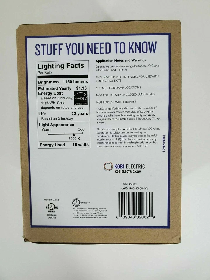 K4M3, Kobi Electric, R40-85-50-MV, BR40, 85W Equal, 5K, Non Dimmable Bulb - Image 2 of 2
