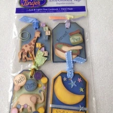 JUST JINGER EMBELLISHED TAGS CARDSTOCK HANDMADE TAGS BABY BLUE ANIMALS MOON 4PCS