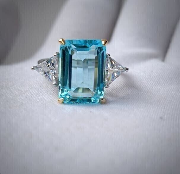 Women's Stunning Wedding Ring Emerald Simulated Blue Topaz 14K White Gold Plated