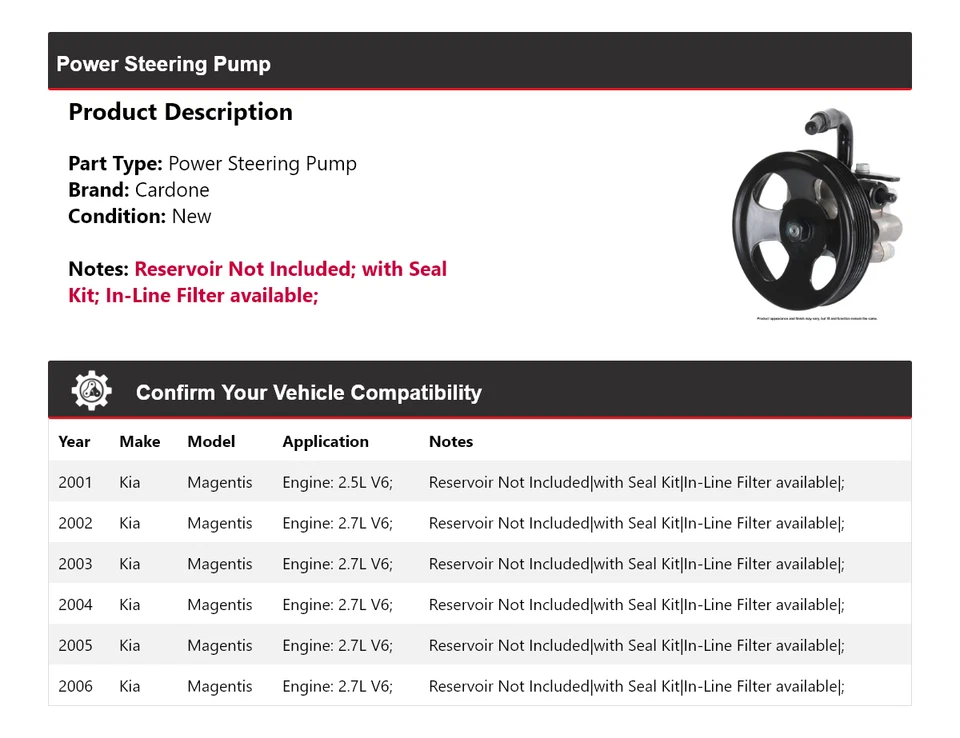 For 2001-2006 Kia Magentis Power Steering Pump Cardone 2002 2003 2004 2005 - Image 2 of 4