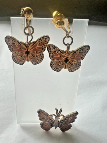 Vintage Butterfly Jewelry Lot Clip-On Earrings Pendant Gold Silver Orange Enamel - Picture 8 of 10