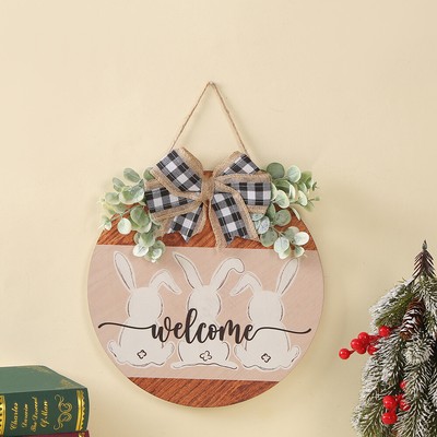 Thanksgiving Rabbit Wooden Bow Wreath Decoration Door Hanging Welcome Sign