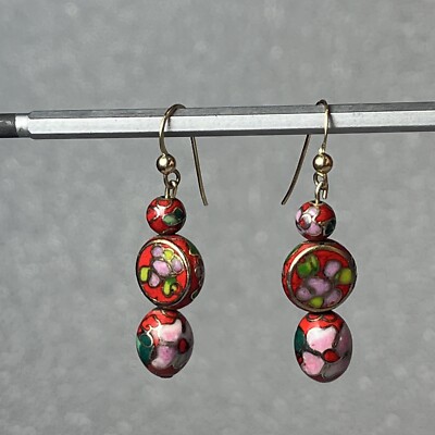 3 Red Floral Cloisonné Gold Plated Beads Hook Dangle Earrings 1.5'' 6gr 10k hook