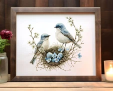 Birds and a Nest Art Print, Birds and Flowers Wall Art Decor, Home Decor