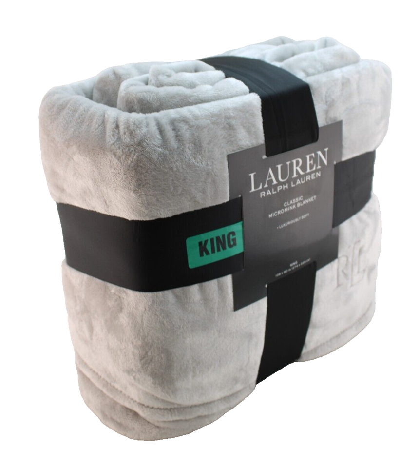 NWT LAUREN King Size Soft Gray Embroidered LRL Logo Classic Micromink