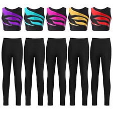 Girls Kids Sets Dancing Dancewear Tracksuit Outfit Black Tights Clothing 2Pcs