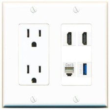 2 HD PHONE USB-3 Port Wall Plate w/Power Outlet White