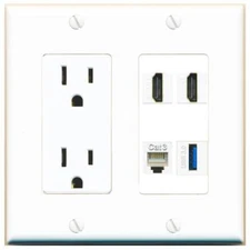 2 HD PHONE USB-3 Port Wall Plate w/Power Outlet White