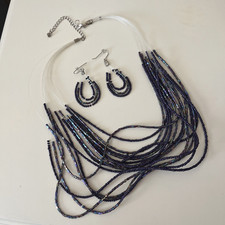 New Set Beautiful Iridescent Blue/Purple Glass Bead Earrings  Necklace