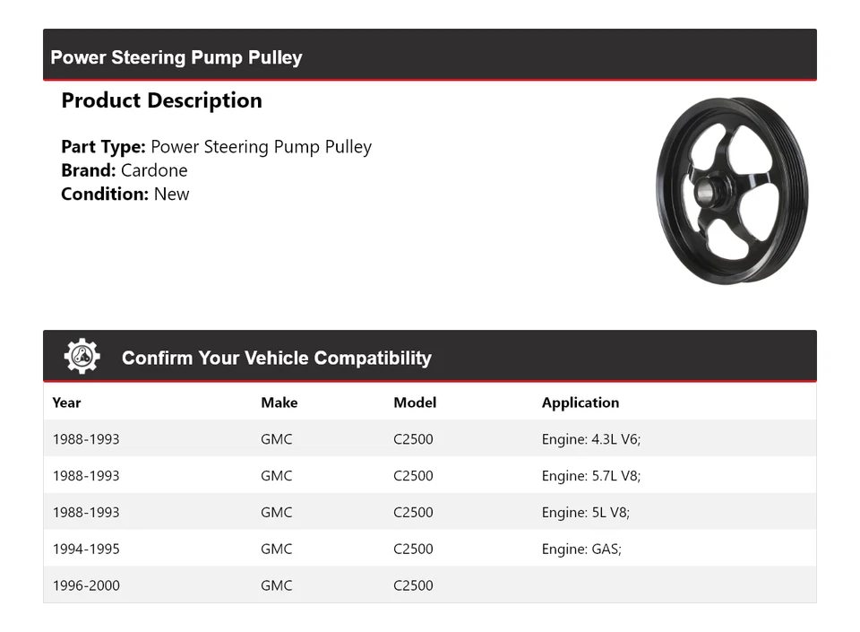 For 1988-2000 GMC C2500 Power Steering Pump Pulley Cardone 1989 1990 1991 1992 - Image 2 of 4