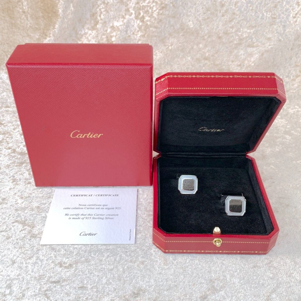 Cartier Cufflinks 925 Sterling Silver Square Guilloche Decor