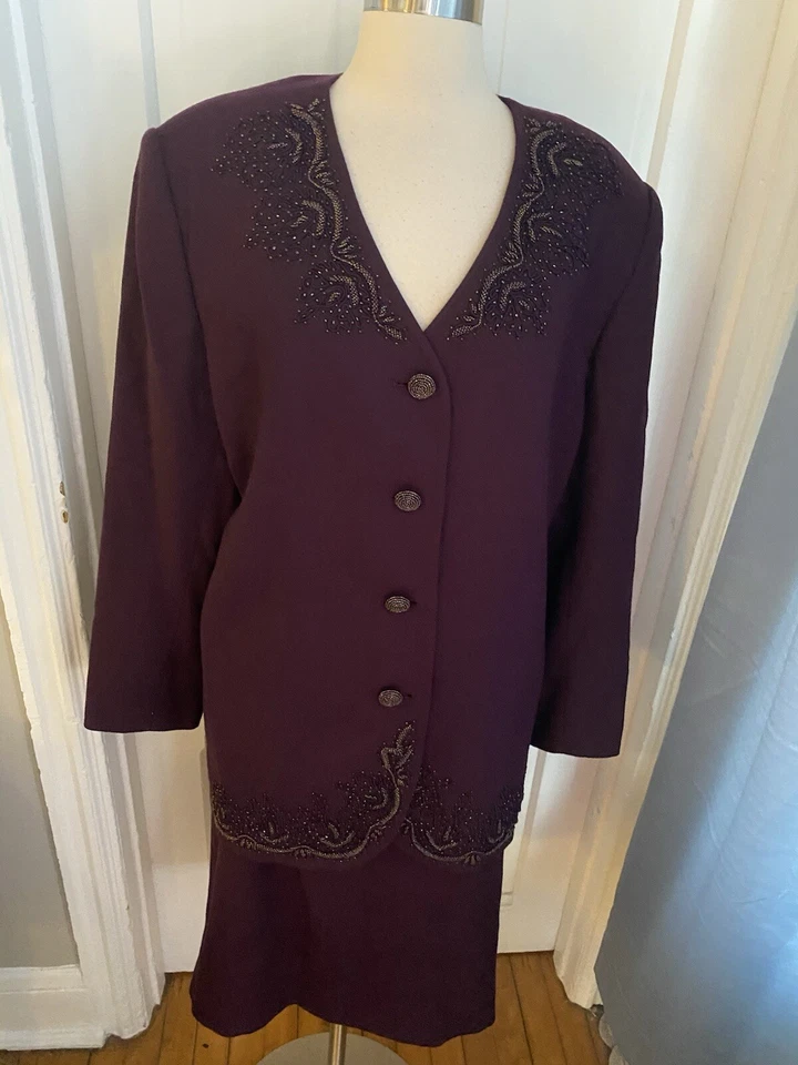 JOHN MEYER 100% ШЕРСТИ ВИНТАЖНЫЙ ФИОЛЕТОВЫЙ ЮБКА КОСТЮМ БИСЕР НА КУРТКА-SIZE18W-ОТЛИЧНОЕ - Изображение 2 из 4