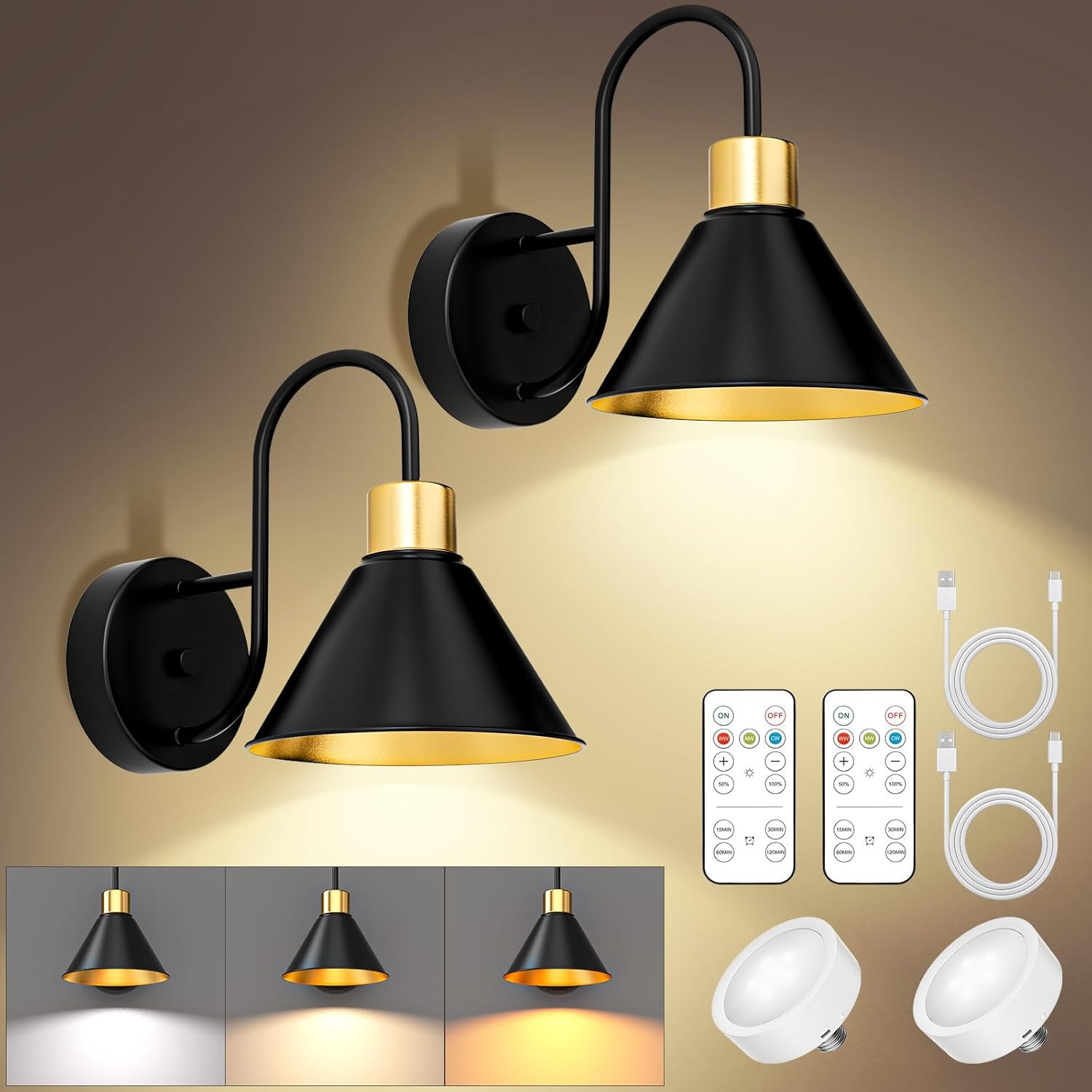 Frideko Black Rechargeable Wall Sconces Set of Two with Remote, 3 Color