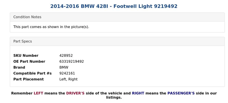 2014-2016 BMW 428I - Footwell Light 9219492 - Imagem 4 de 4