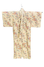 Japanese Vintage Silk Chirimen Kimono Robe Yellow Floral Chrysanthemum Maple 59.