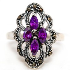 Natural Amethyst  Swiss Marcasite 925 Sterling Silver Ring Sz 7,9 ZB6