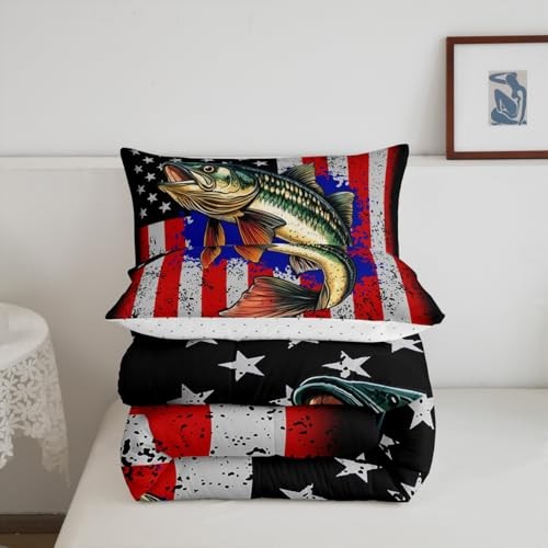 Bass Fish Comforter Sets Size for Boys Kids Teens,American Flag Fish Full Red - Picture 6 of 8