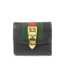 Gucci Sylvie Black Leather and Web Canvas Trifold Wallet