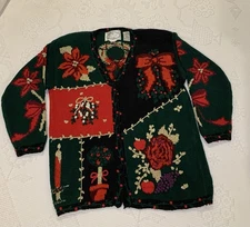 Vintage Eagle’s Eye Collectibles Hand Knit Christmas Cardigan Poinsettia Rose 