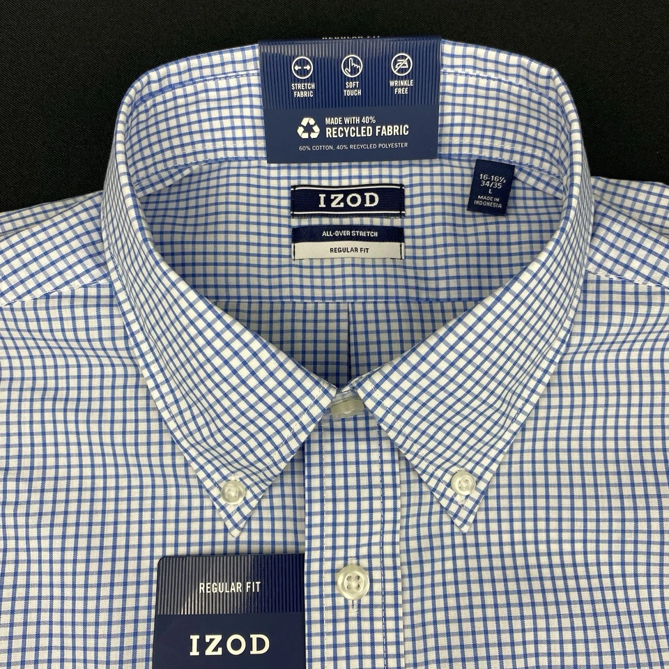 IZOD Mens Dress Shirt 16-16.5/34-35 Blue/White Checks All Over Stretch Regular - Image 3 of 4