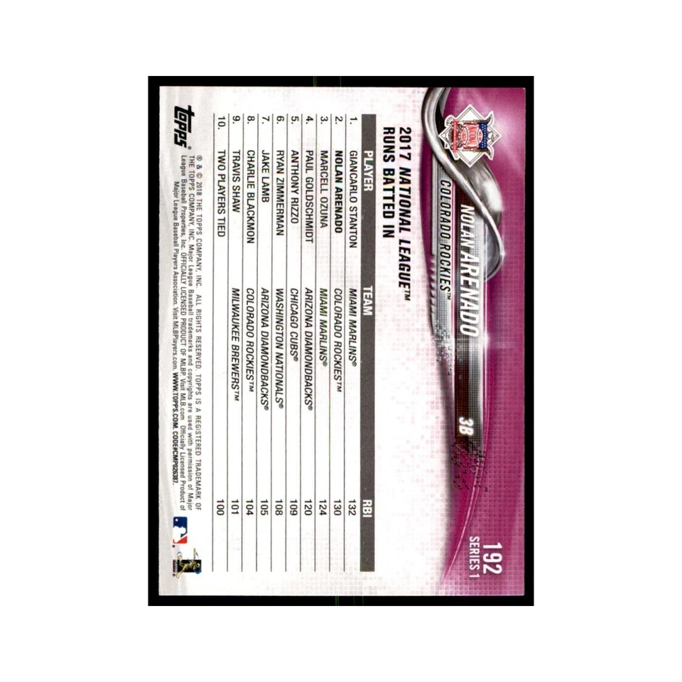 Nolan Arenado 2018 Topps #192 Colorado Rockies Baseball Card NM - Image 2 of 3