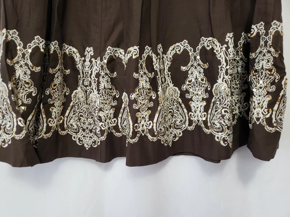 Tommy Hilfiger Womens Sz 6 Brown Paisley Sequined Pleated Full Skirt back zip - Image 2 of 4