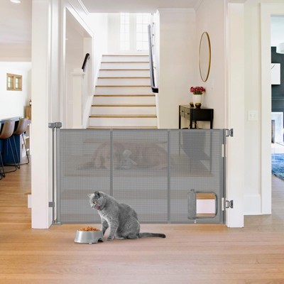Reinforced 60  Retractable Baby Gate with Cat Door Gates for Pets Retractable...