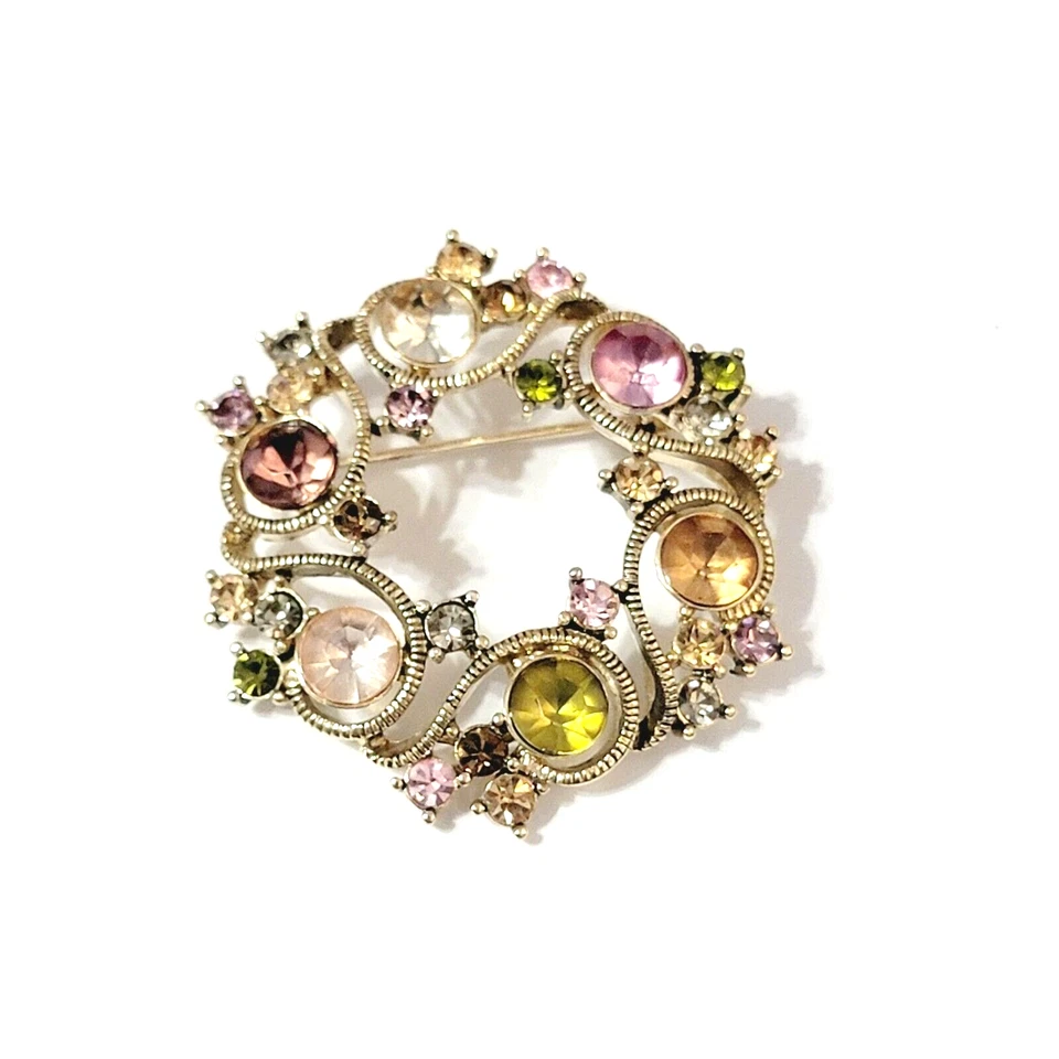 Broche broche corona diamantes de imitación Monet, rosa verde ámbar vidrio diseñador go-102 Foto 3 de 4