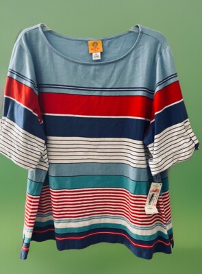 Ruby Rd Womens Blouse Top Pullover Stretch Striped Multicolor 2X Roll Tab NWT!