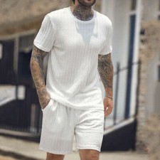Mens Tracksuit Pullover Vertical Short Sleeve T-Shirt Shorts Pants Two-Piece Set
